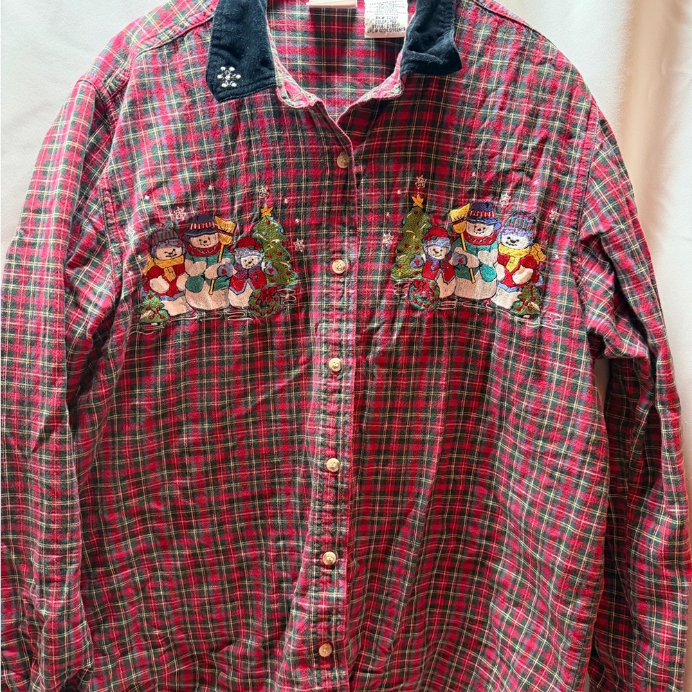 Vintage Bobbie Brooks Christmas Flannel Shirt • Snowmen Embroidery • Plaid •